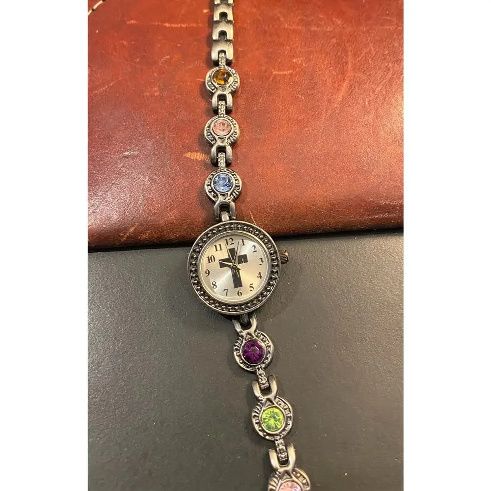 Women's Sliver Tone 22mm Watch, Cross on the Face, Crystal Accents